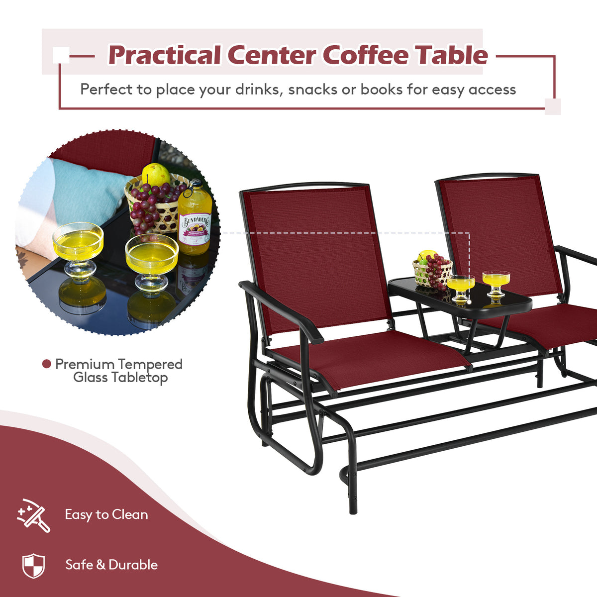 2-Person Double Rocking Loveseat with Center Glass Table - Style A, Red