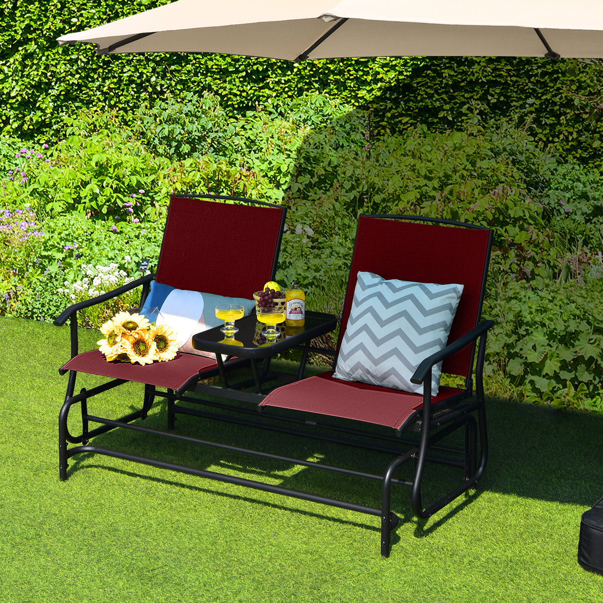 2-Person Double Rocking Loveseat with Center Glass Table - Style A, Red