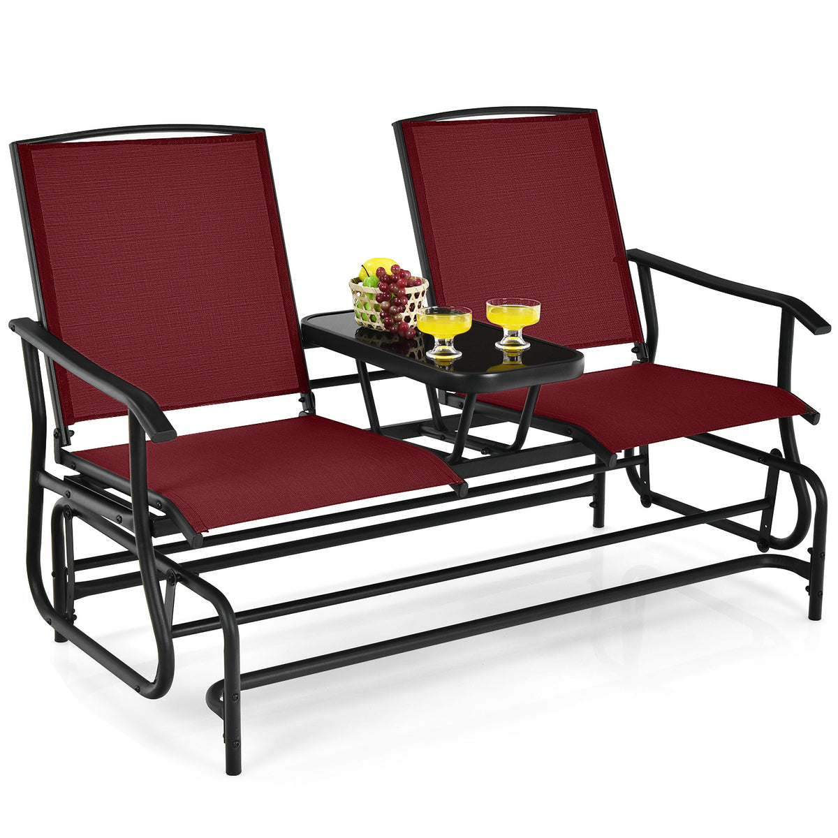 2-Person Double Rocking Loveseat with Center Glass Table - Style A, Red