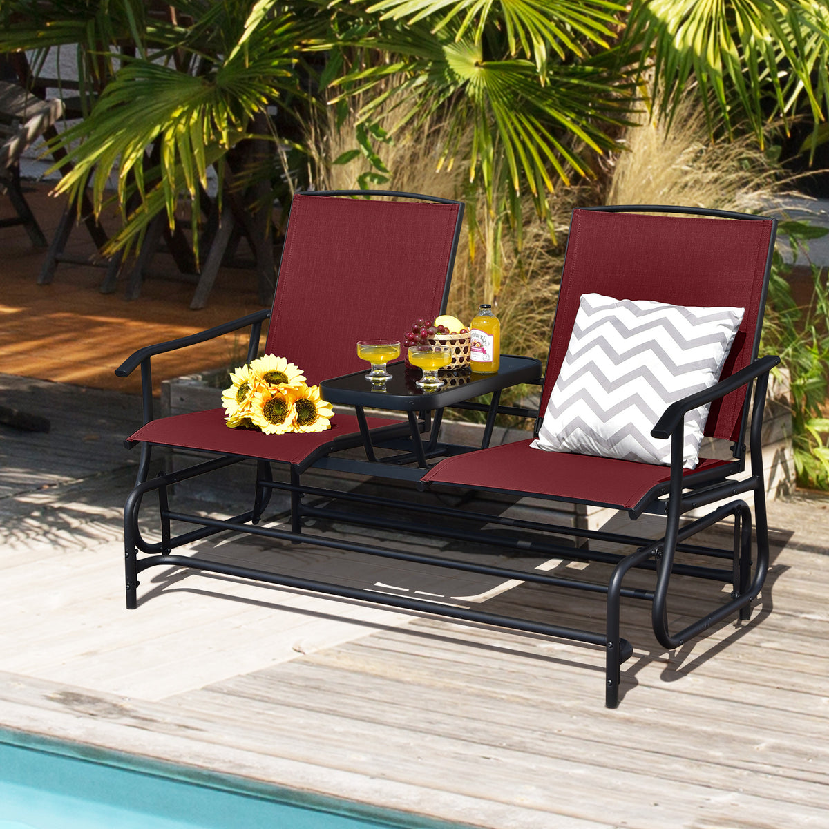 2-Person Double Rocking Loveseat with Center Glass Table - Style A, Red