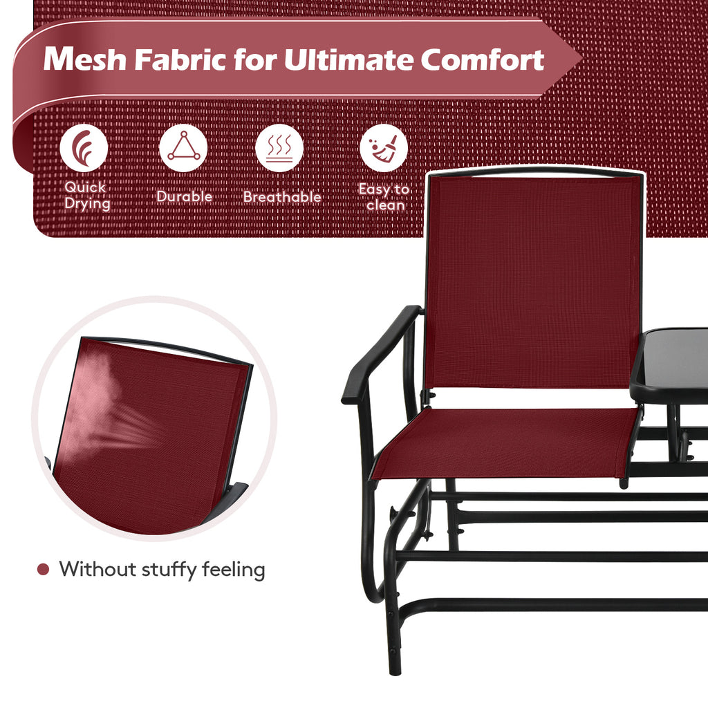 2-Person Double Rocking Loveseat with Center Glass Table - Style A, Red