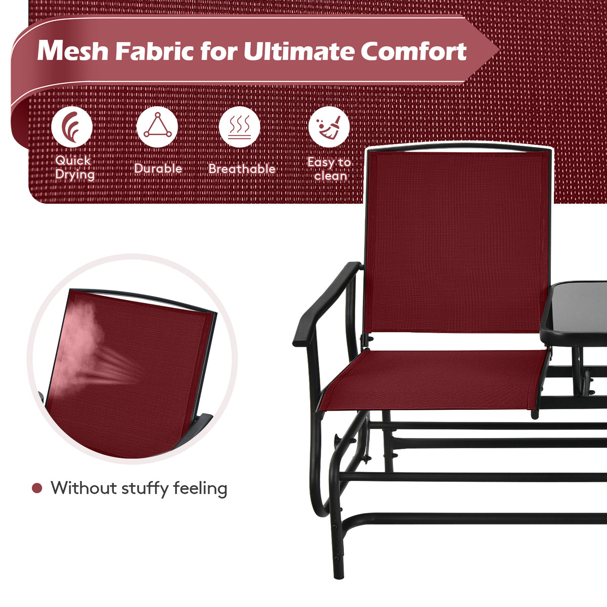 2-Person Double Rocking Loveseat with Center Glass Table - Style A, Red