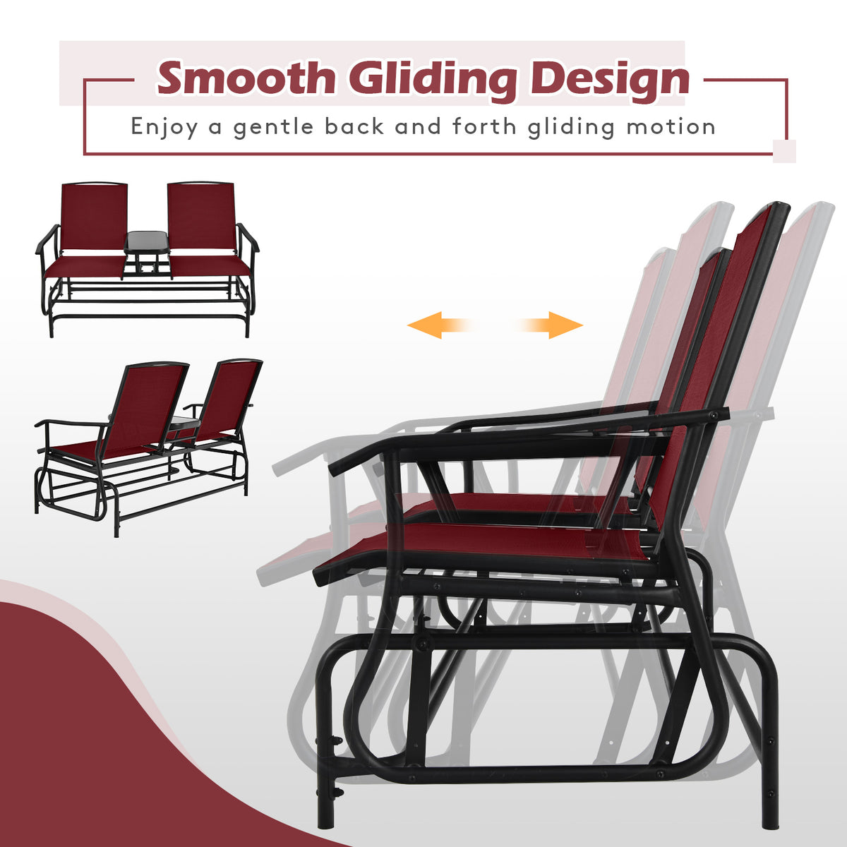 2-Person Double Rocking Loveseat with Center Glass Table - Style A, Red