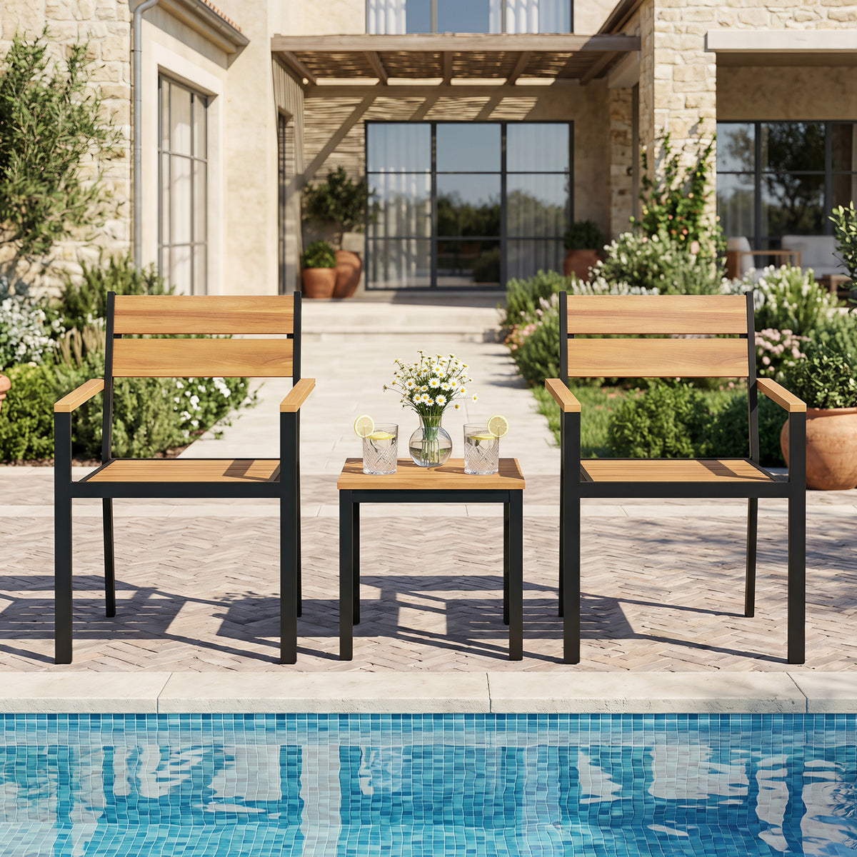 Outside Patio Dining Chair with Acacia Armrest for Backyard Garden