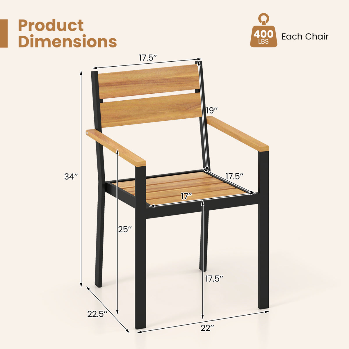 Outside Patio Dining Chair with Acacia Armrest for Backyard Garden