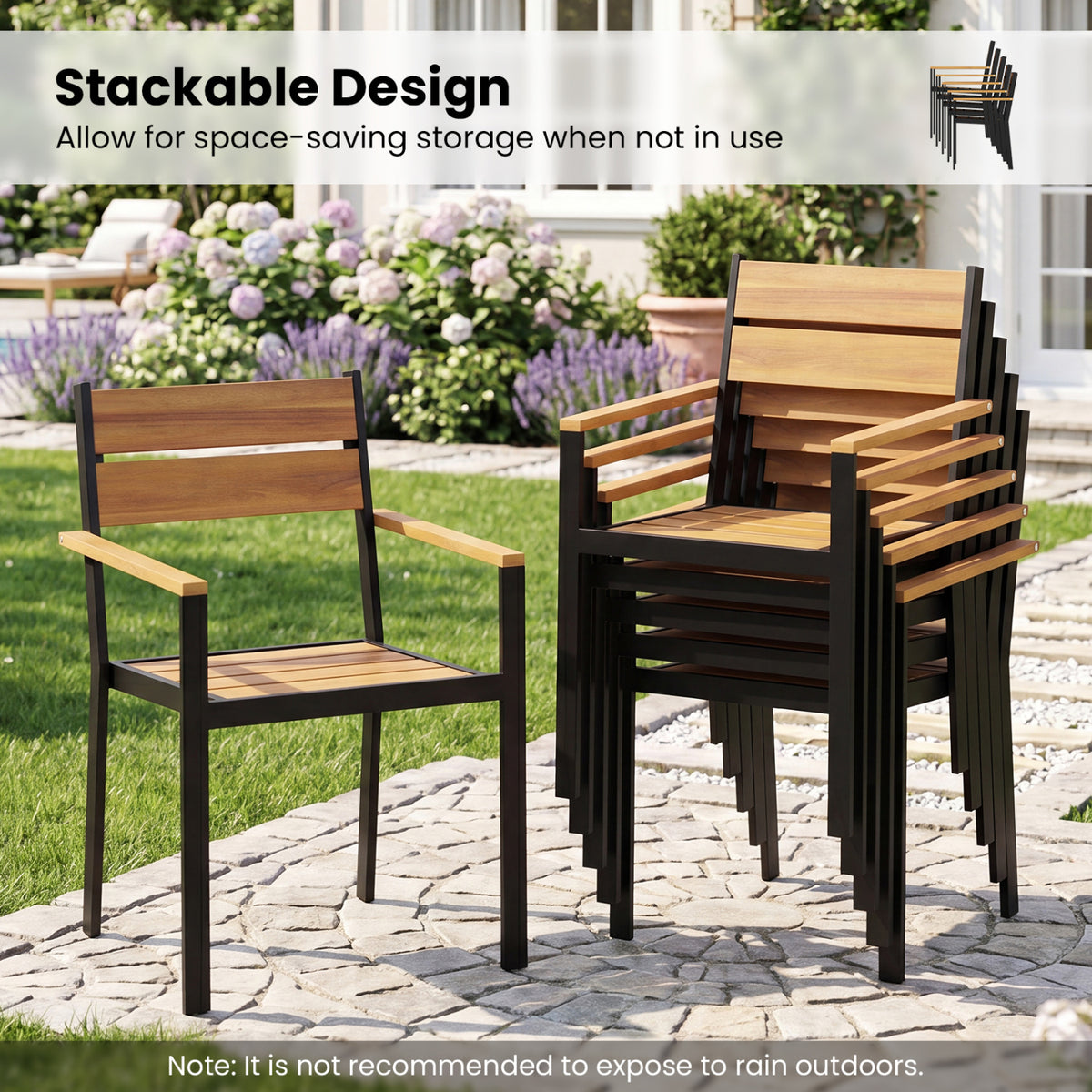 Outside Patio Dining Chair with Acacia Armrest for Backyard Garden