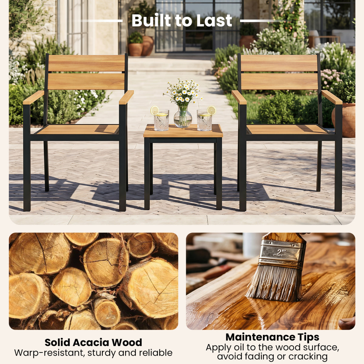 Outside Patio Dining Chair with Acacia Armrest for Backyard Garden