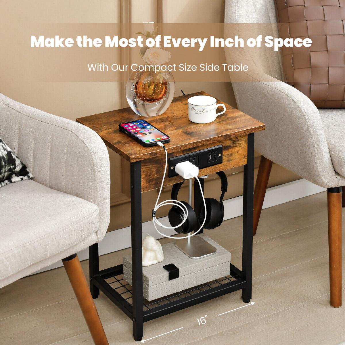 Bedside Nightstand with Charging Station - Rustic Brown