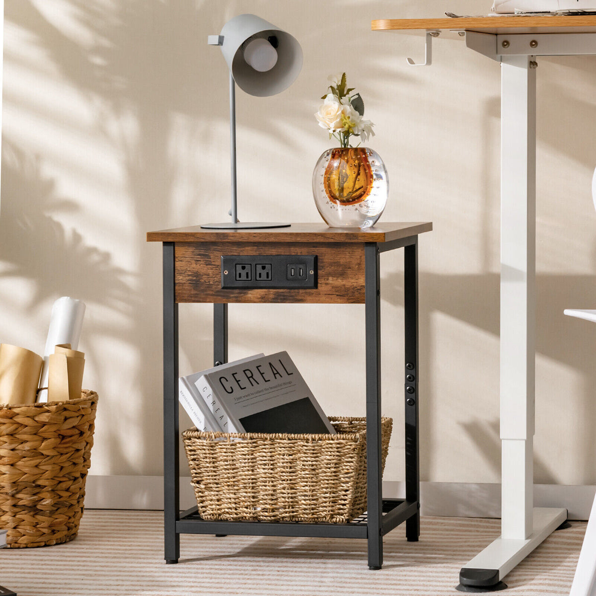 Bedside Nightstand with Charging Station - Rustic Brown