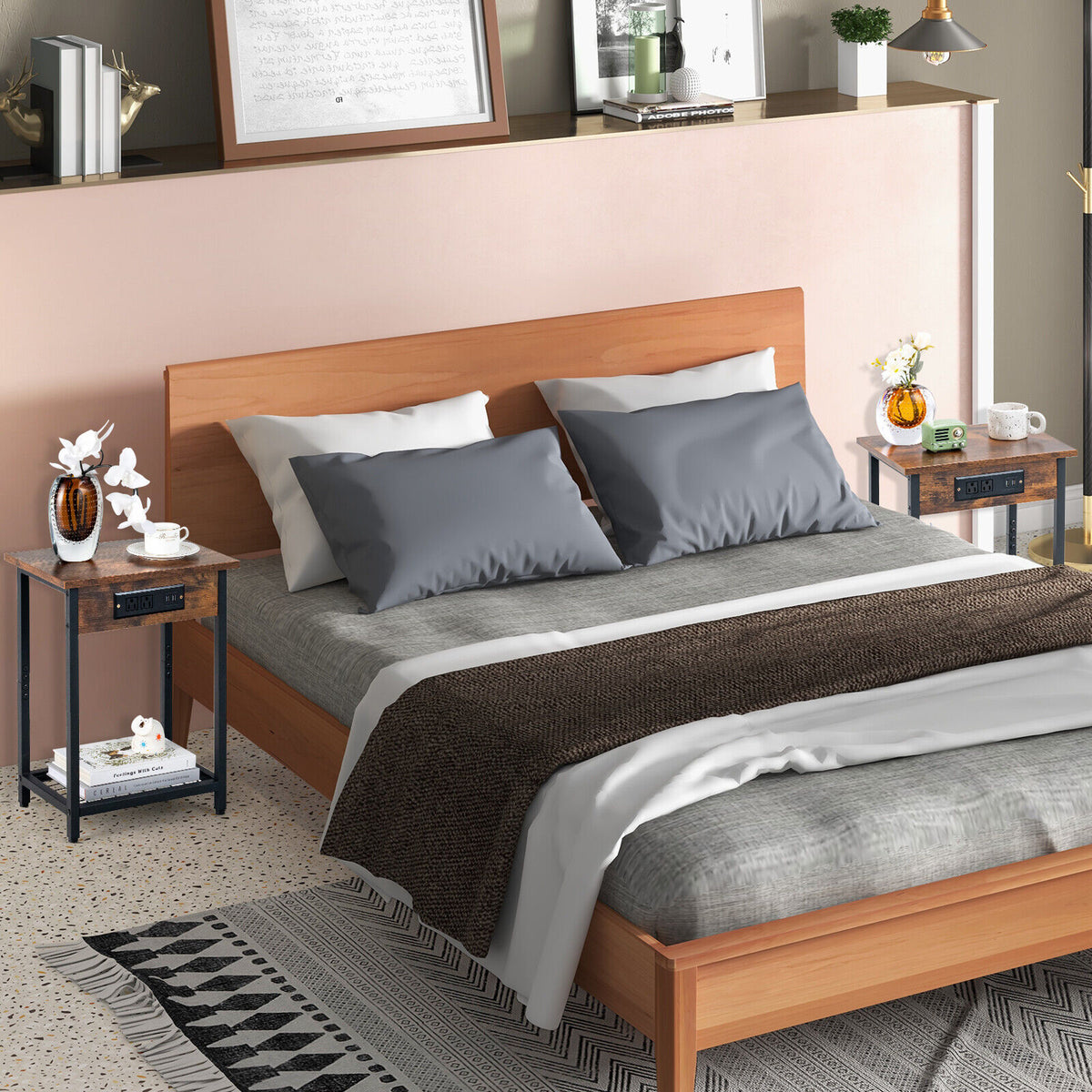 Bedside Nightstand with Charging Station - Rustic Brown