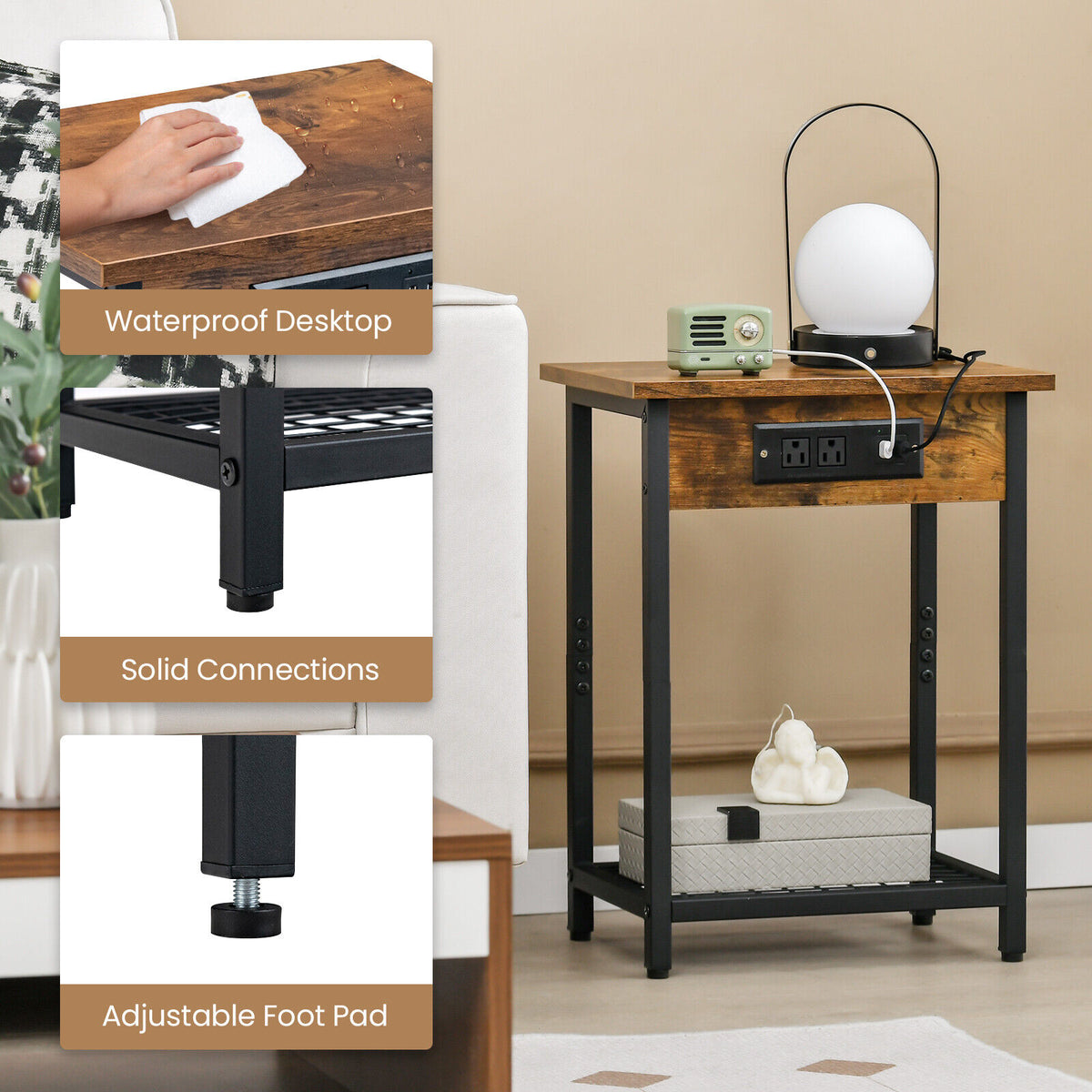 Bedside Nightstand with Charging Station - Rustic Brown