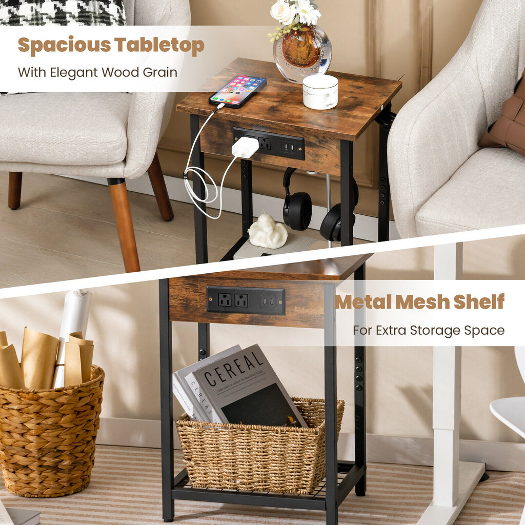 Bedside Nightstand with Charging Station - Rustic Brown