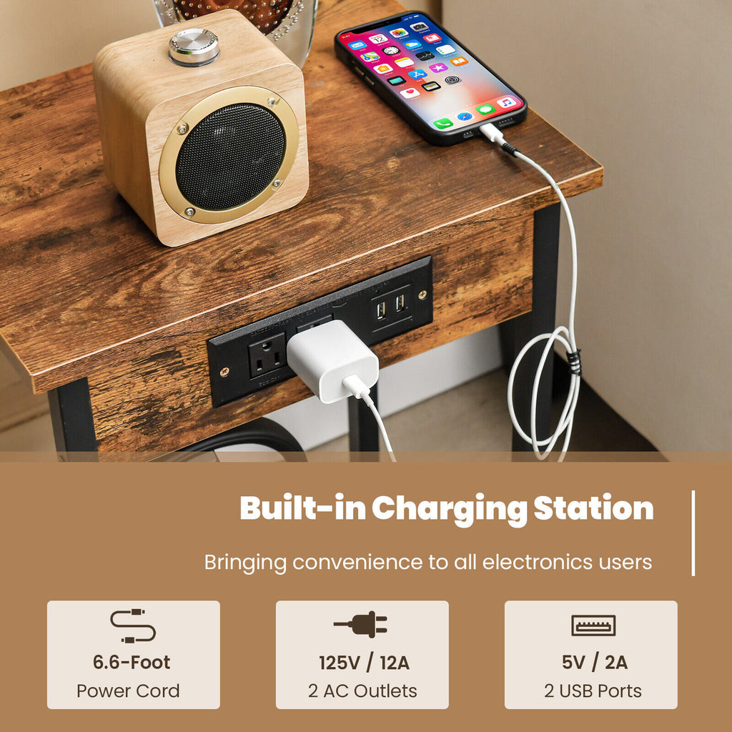 Bedside Nightstand with Charging Station - Rustic Brown