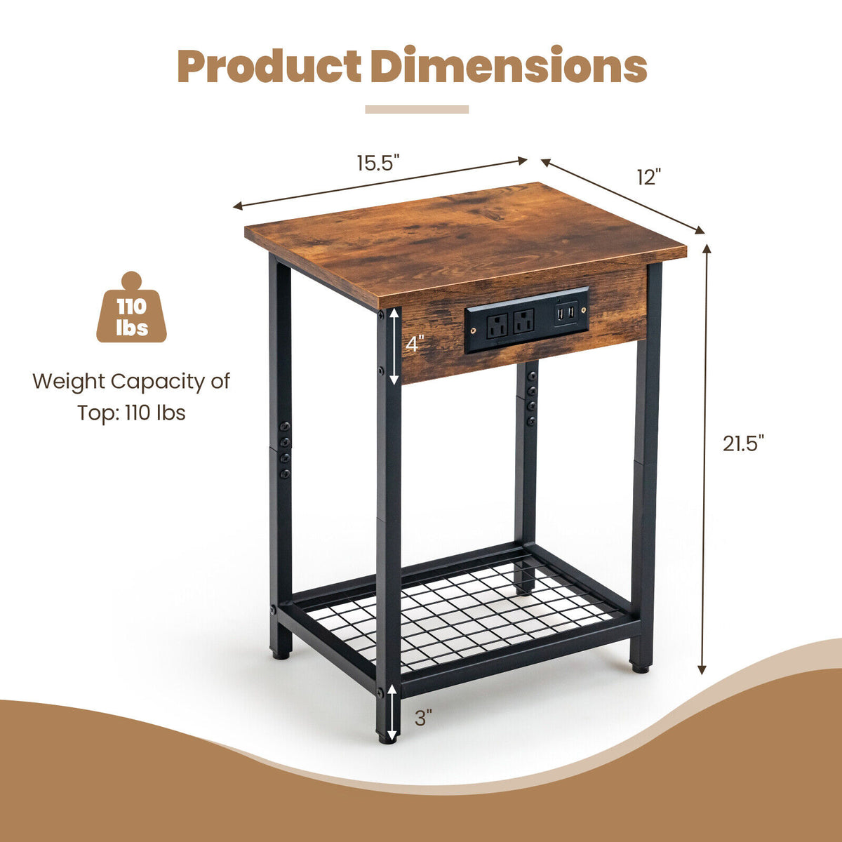 Bedside Nightstand with Charging Station - Rustic Brown