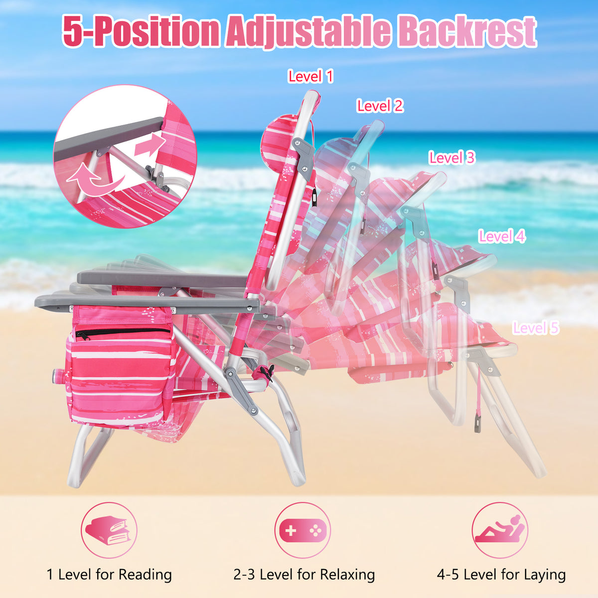 Beach Chairs Set of 2 Portable Folding Backpack Recliners with