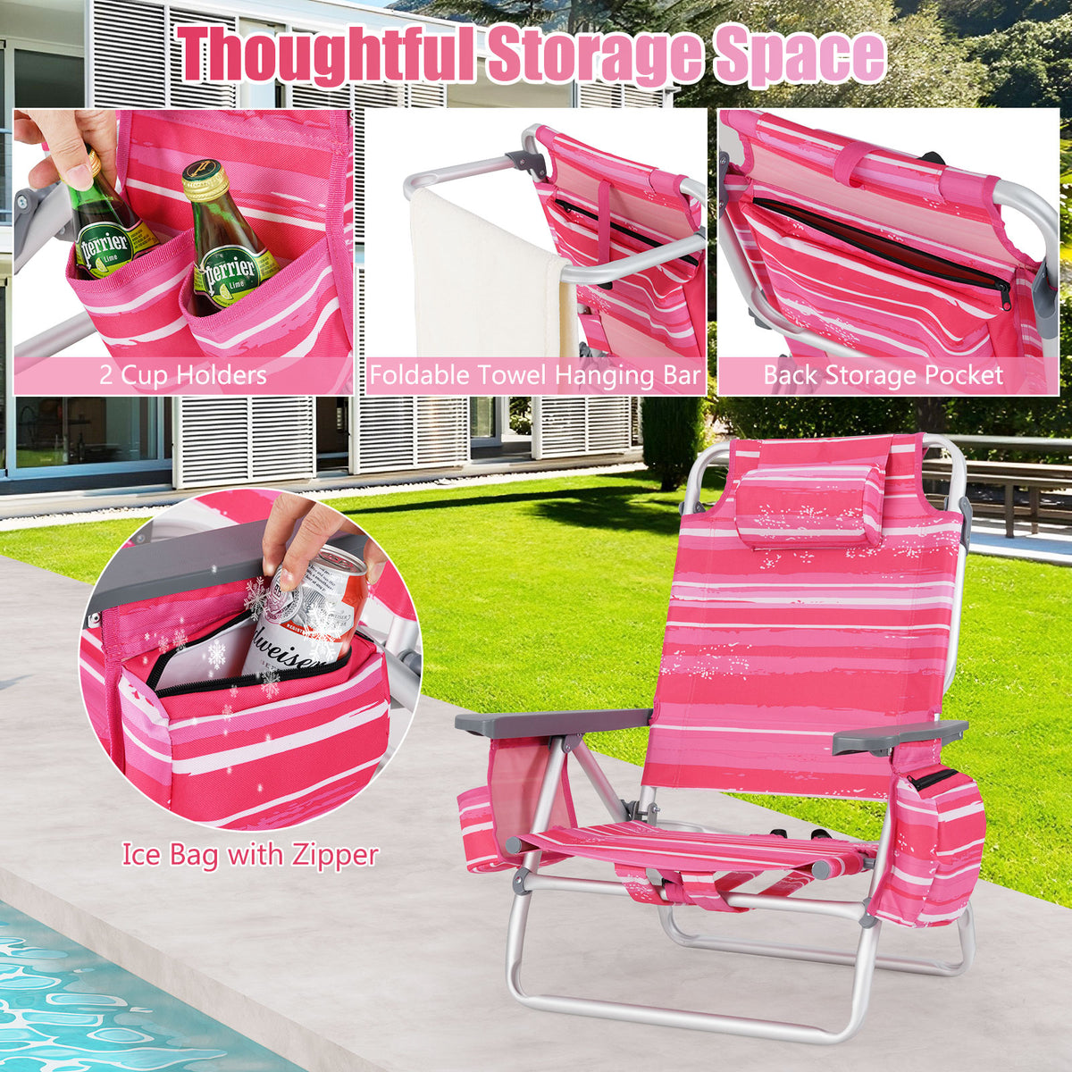 Beach Chairs Set of 2 Portable Folding Backpack Recliners with