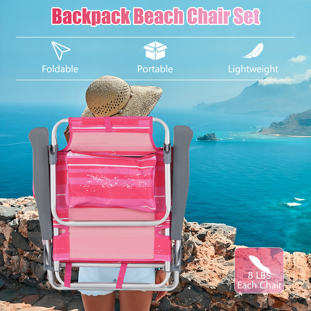 Beach Chairs Set of 2 Portable Folding Backpack Recliners with