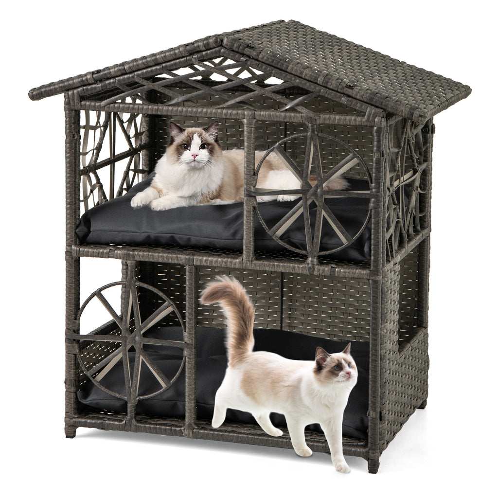 2-Storey Wicker Cat House - Gray Rattan Kitten Condo with Removable Cushions
