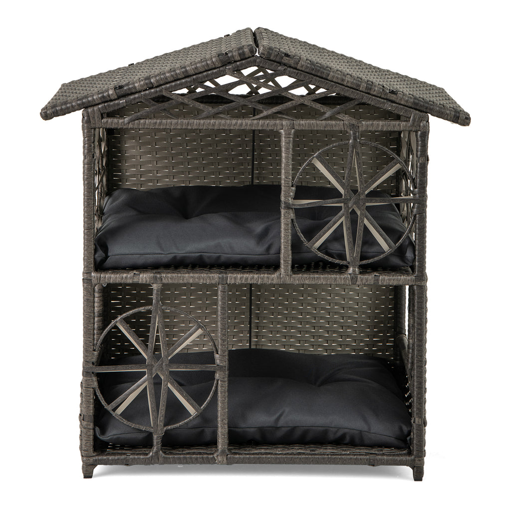 2-Storey Wicker Cat House - Gray Rattan Kitten Condo with Removable Cushions