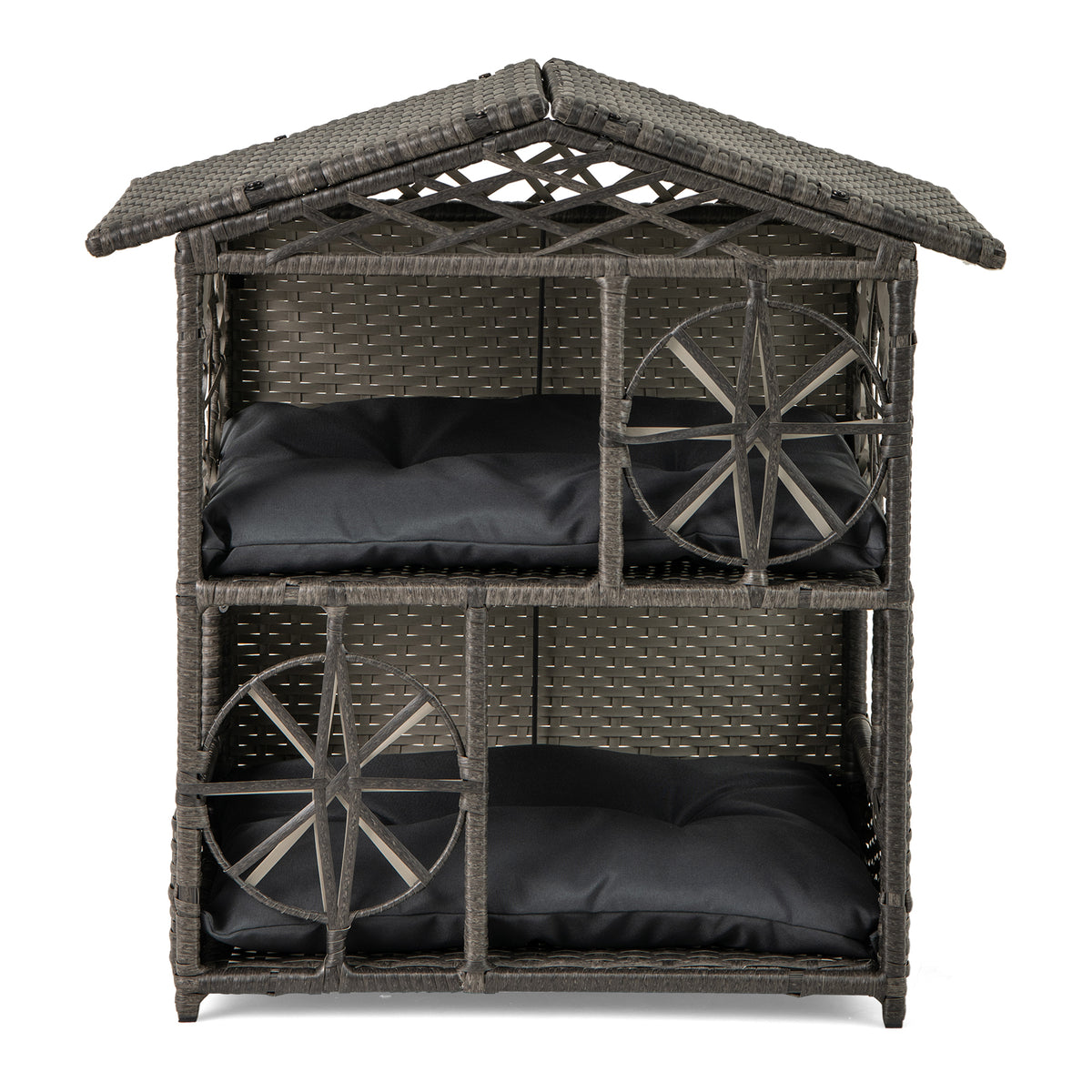 2-Storey Wicker Cat House - Gray Rattan Kitten Condo with Removable Cushions