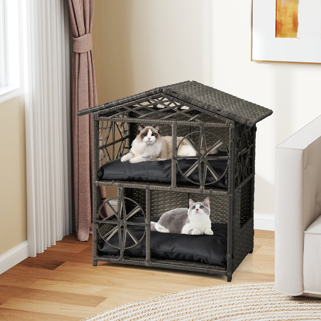 2-Storey Wicker Cat House - Gray Rattan Kitten Condo with Removable Cushions