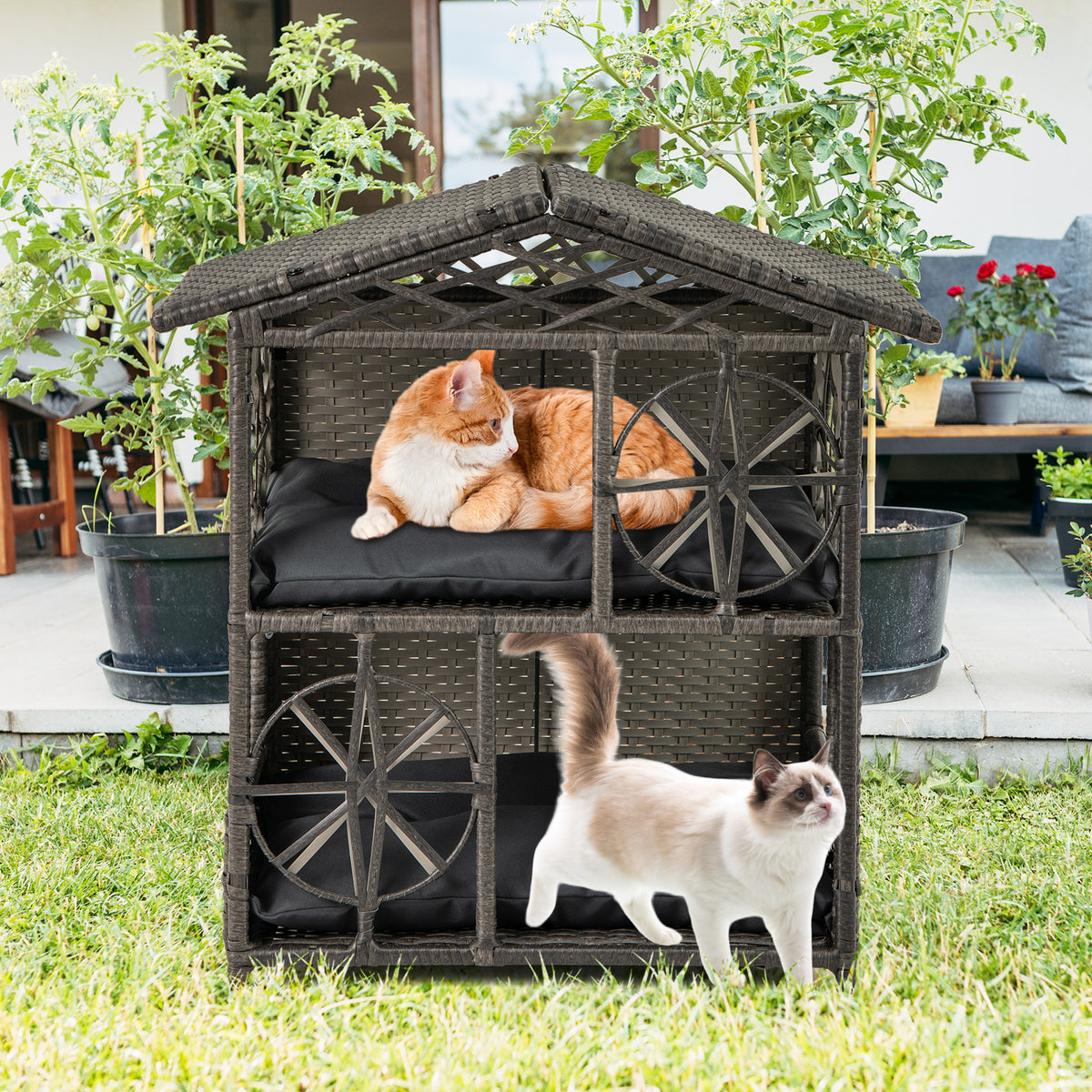 2-Storey Wicker Cat House - Gray Rattan Kitten Condo with Removable Cushions
