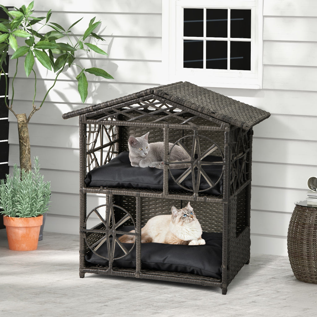 2-Storey Wicker Cat House - Gray Rattan Kitten Condo with Removable Cushions