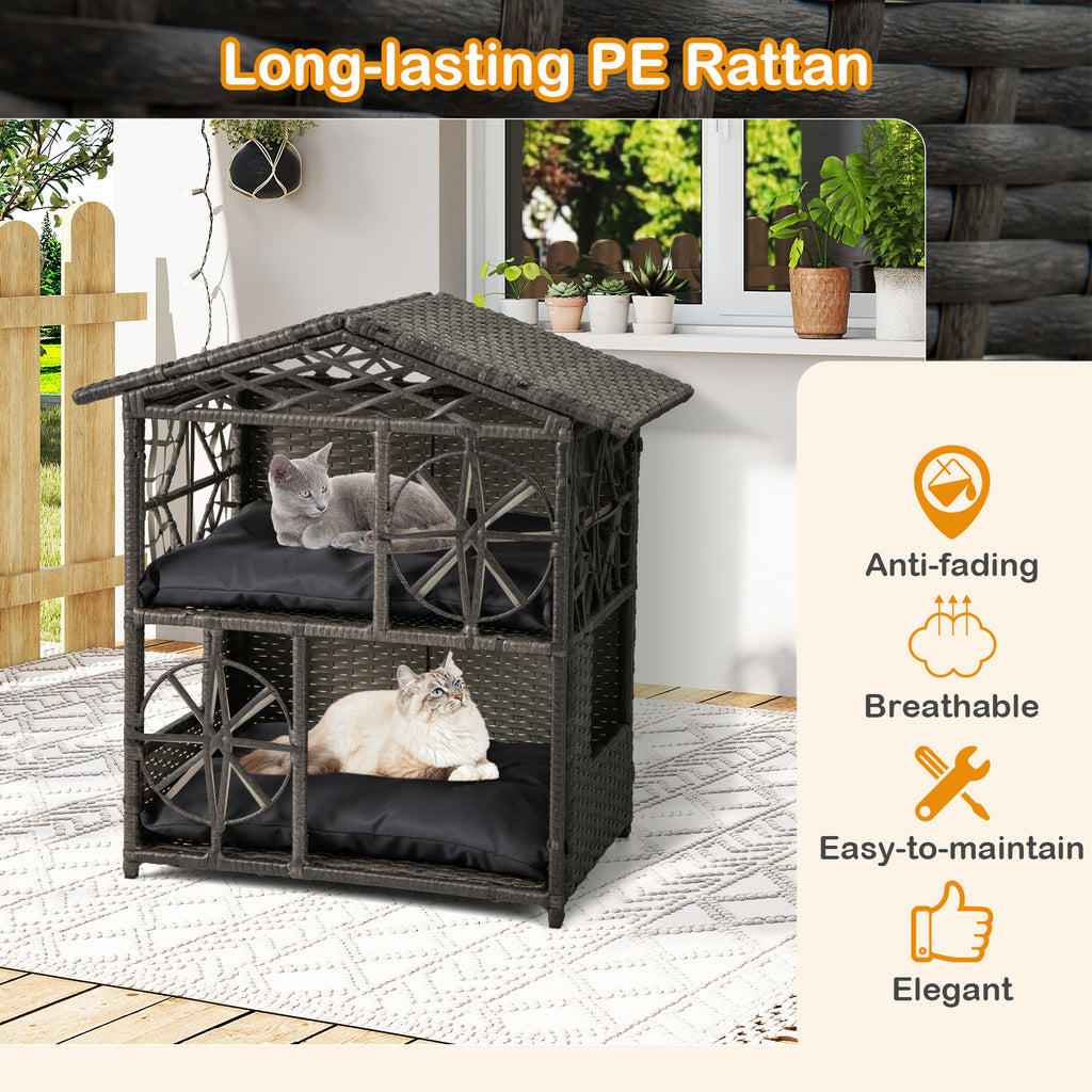 2-Storey Wicker Cat House - Gray Rattan Kitten Condo with Removable Cushions