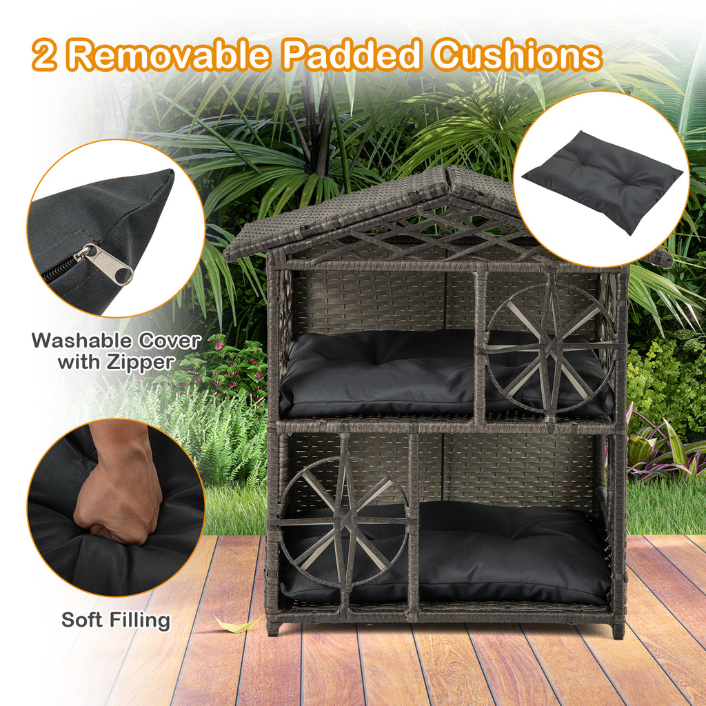 2-Storey Wicker Cat House - Gray Rattan Kitten Condo with Removable Cushions