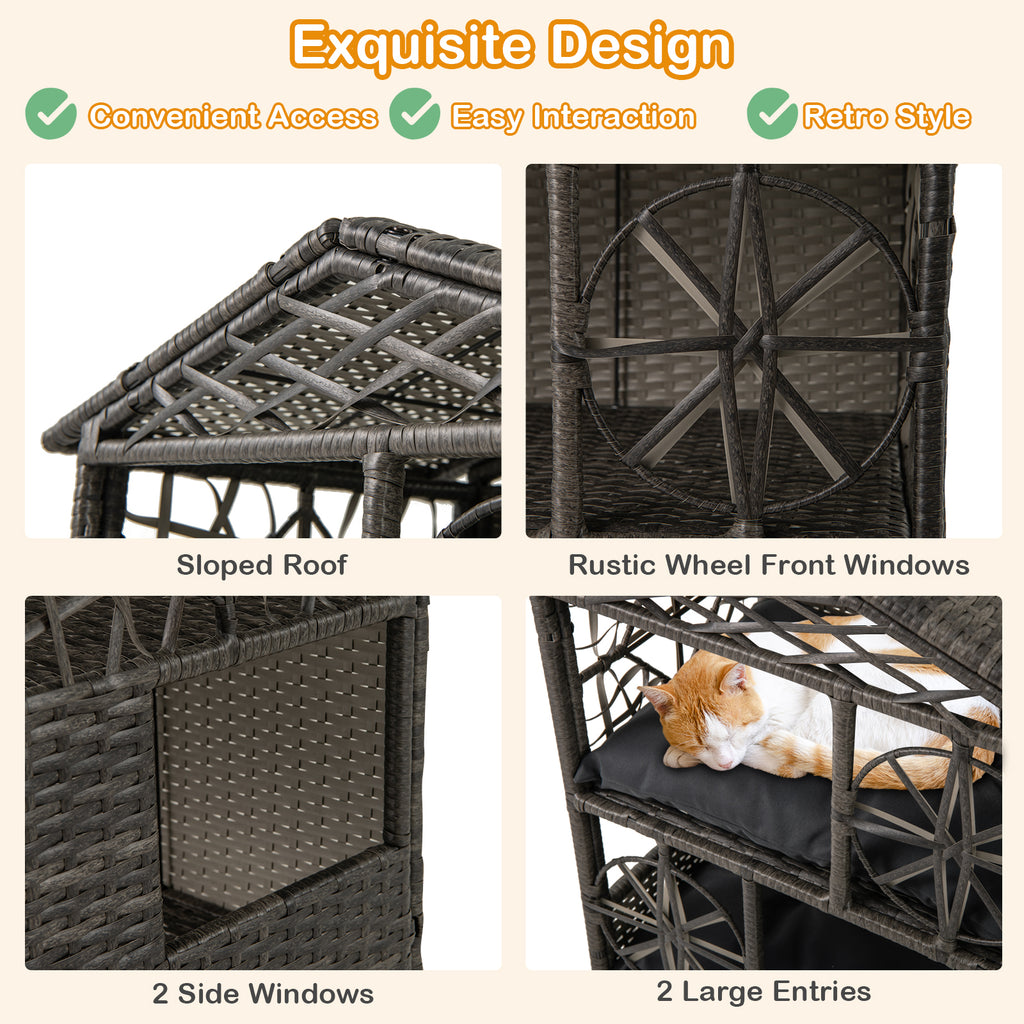 2-Storey Wicker Cat House - Gray Rattan Kitten Condo with Removable Cushions