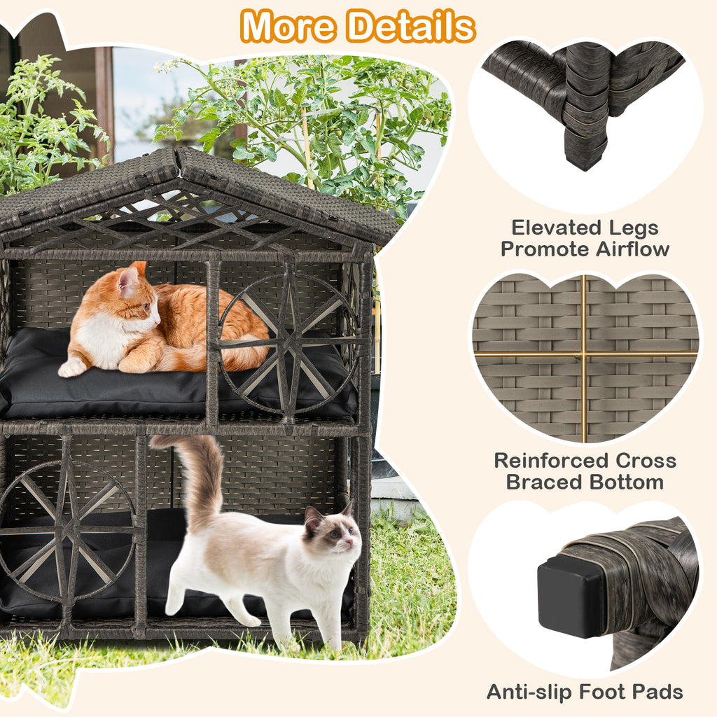 2-Storey Wicker Cat House - Gray Rattan Kitten Condo with Removable Cushions