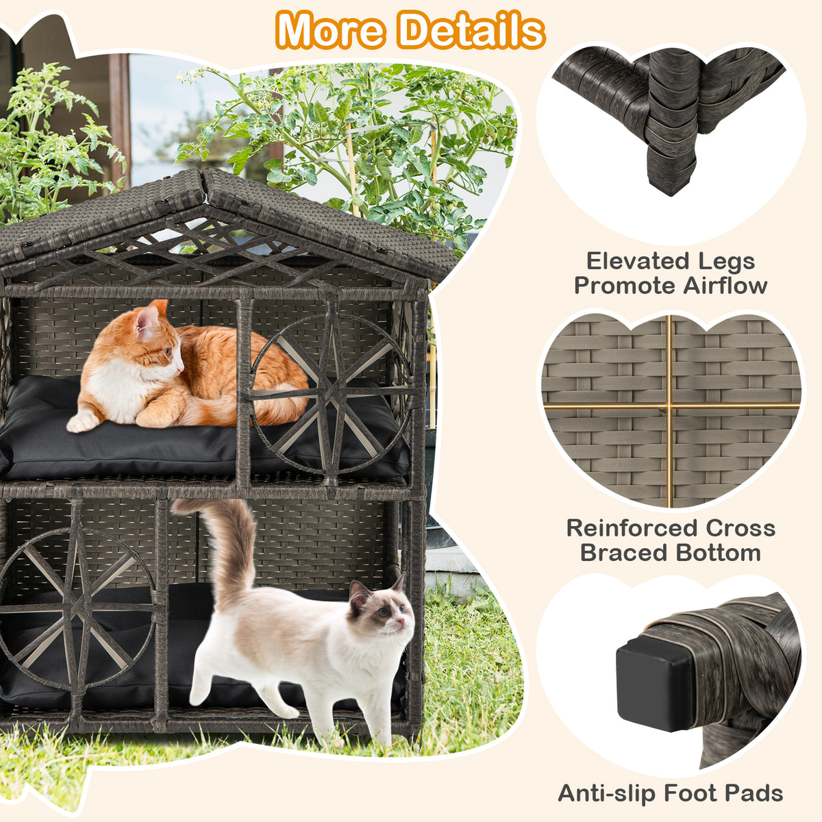 2-Storey Wicker Cat House - Gray Rattan Kitten Condo with Removable Cushions
