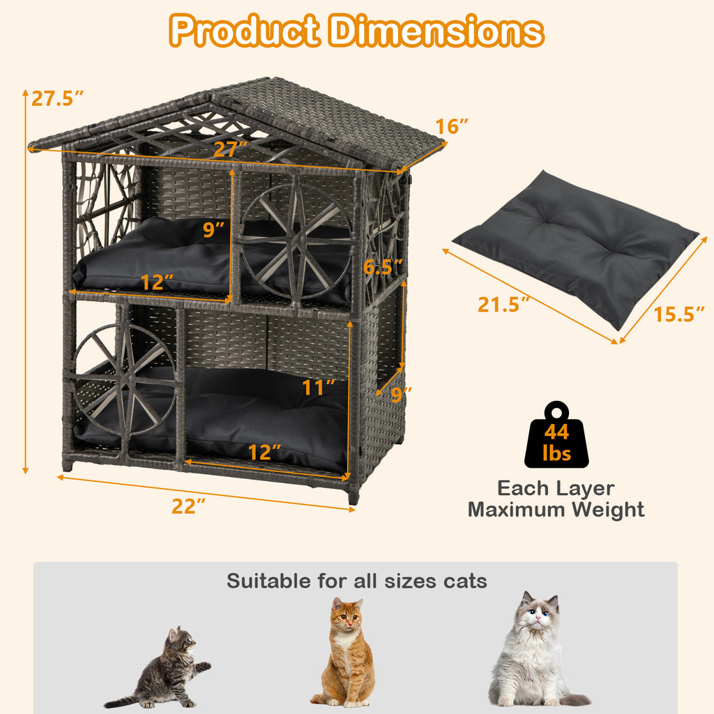 2-Storey Wicker Cat House - Gray Rattan Kitten Condo with Removable Cushions