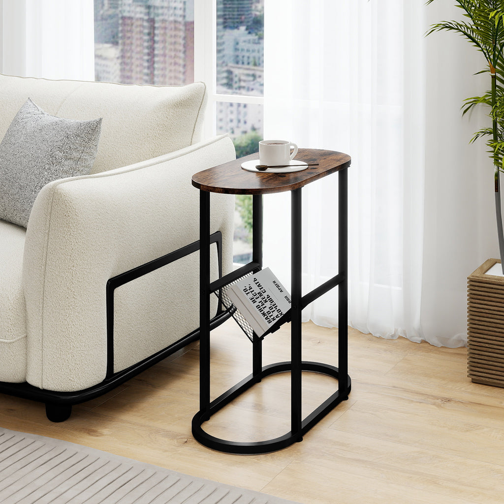 Industrial Oval Side Table with Mesh Shelf, White