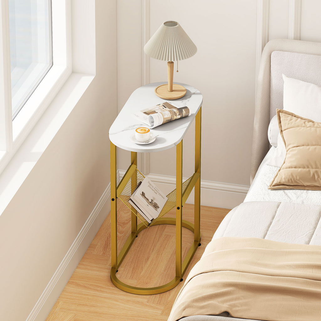 Industrial Oval Side Table with Mesh Shelf, White