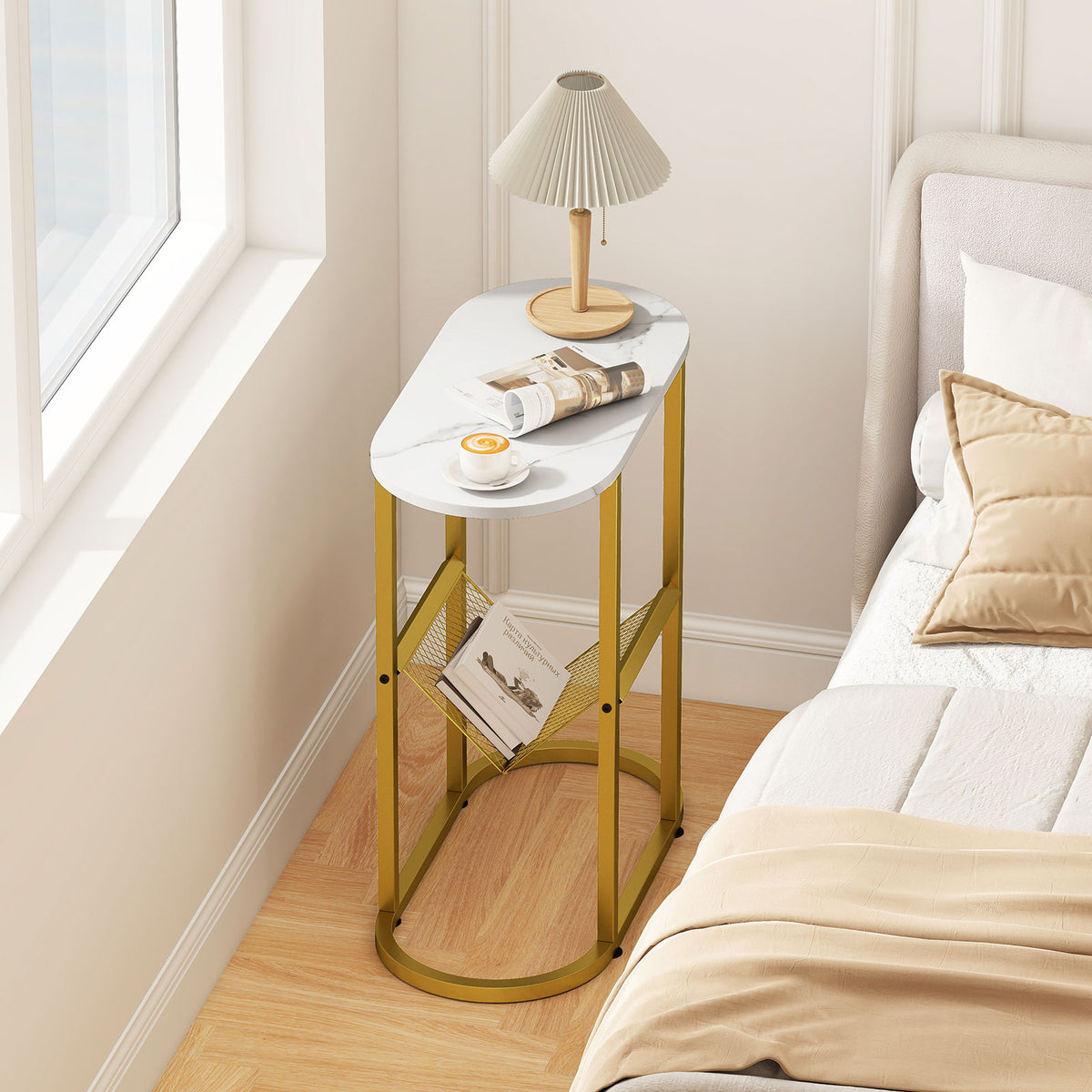Industrial Oval Side Table with Mesh Shelf, White