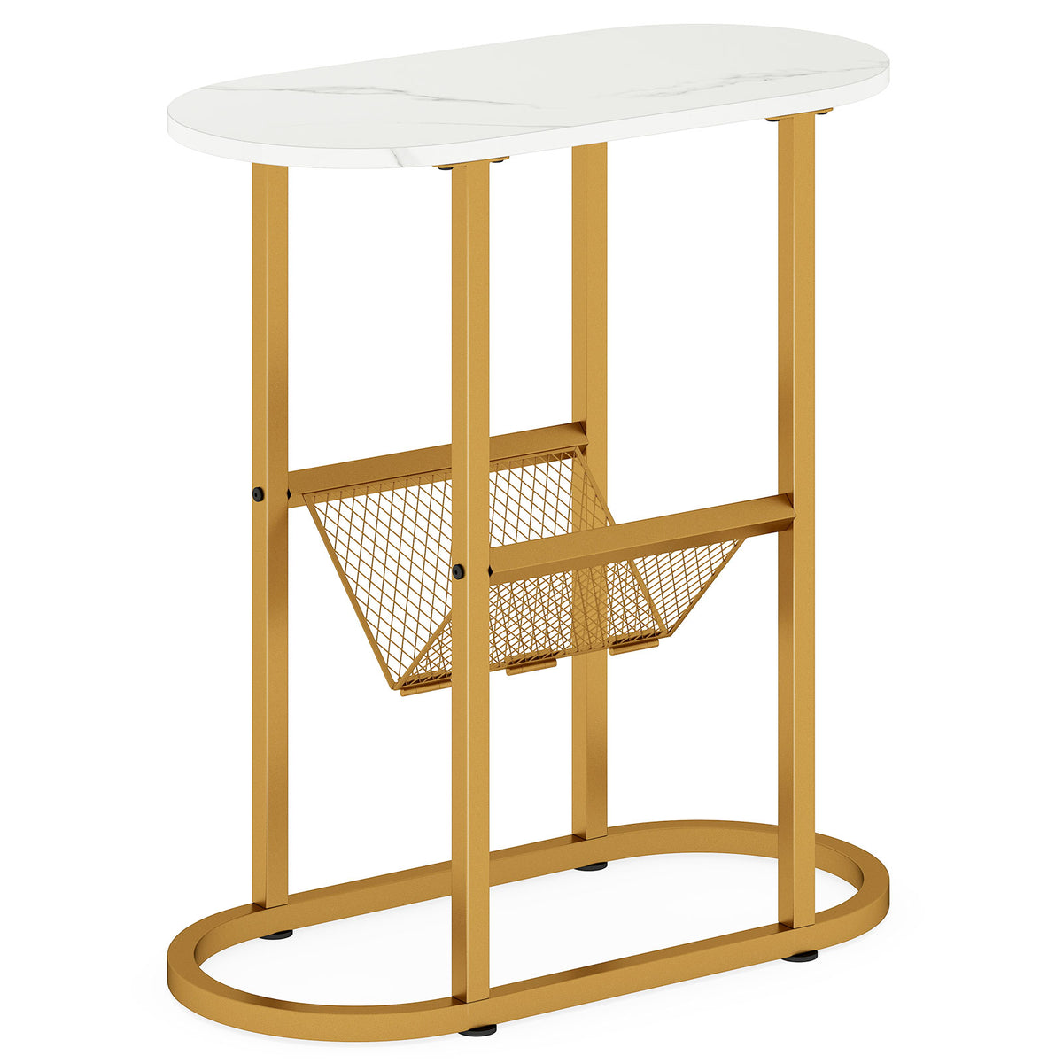 Industrial Oval Side Table with Mesh Shelf, White