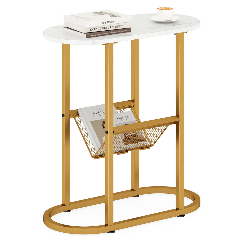 Industrial Oval Side Table with Mesh Shelf, White