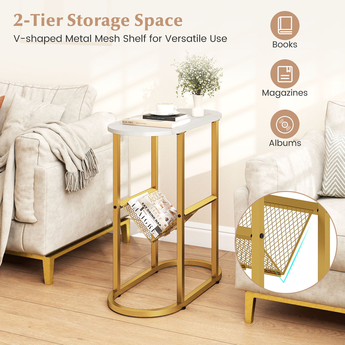 Industrial Oval Side Table with Mesh Shelf, White