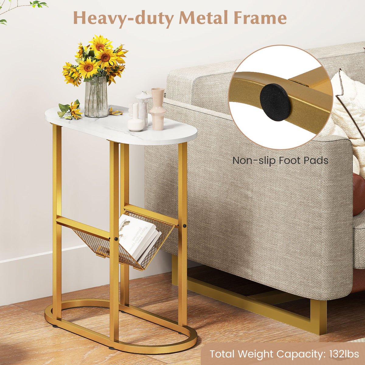 Industrial Oval Side Table with Mesh Shelf, White