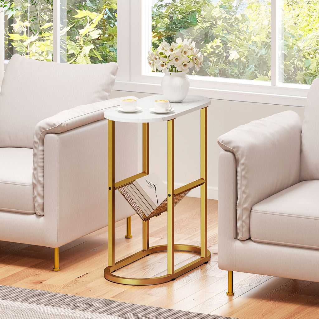 Industrial Oval Side Table with Mesh Shelf, White