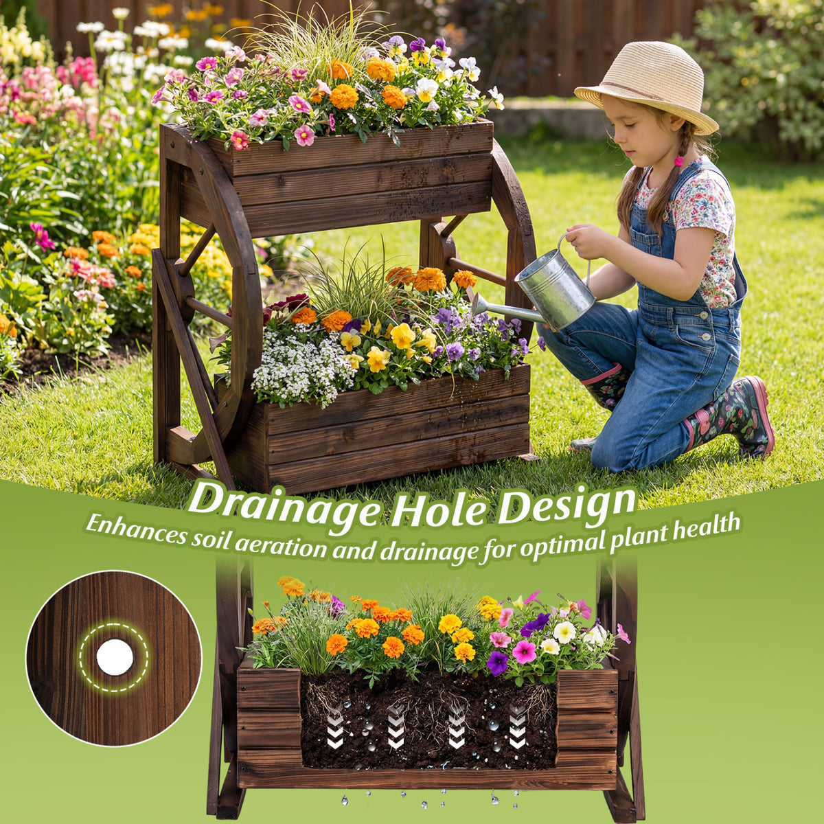 2-Tier Raised Garden Bed Planter with Drainage Holes - Coffee