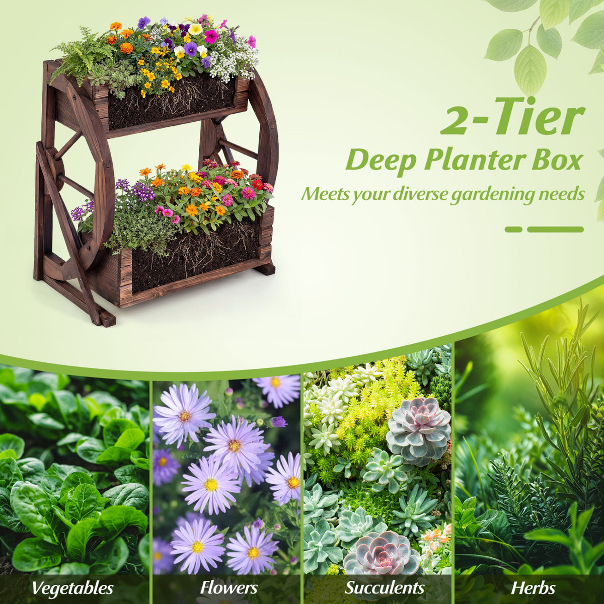 2-Tier Raised Garden Bed Planter with Drainage Holes - Coffee