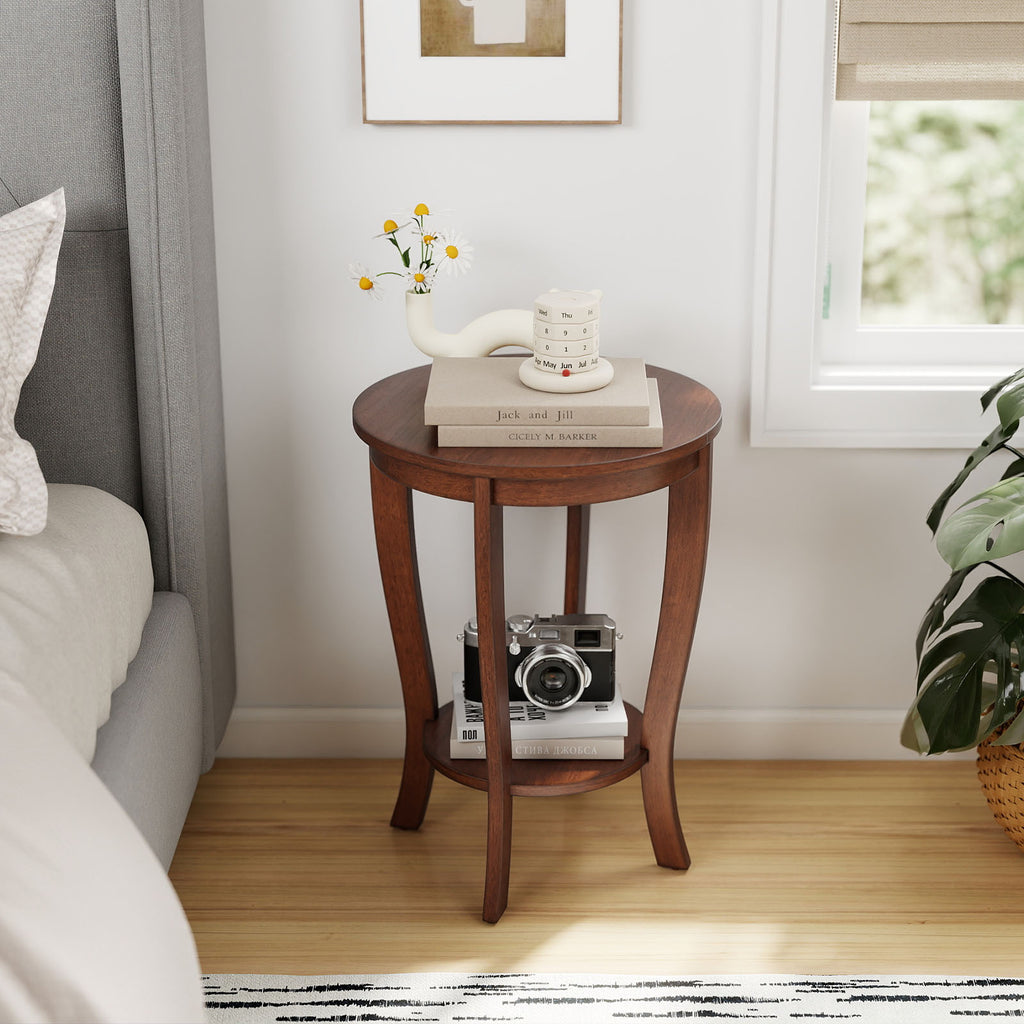 2-Tier Round End Table with Wood Legs – Walnut
