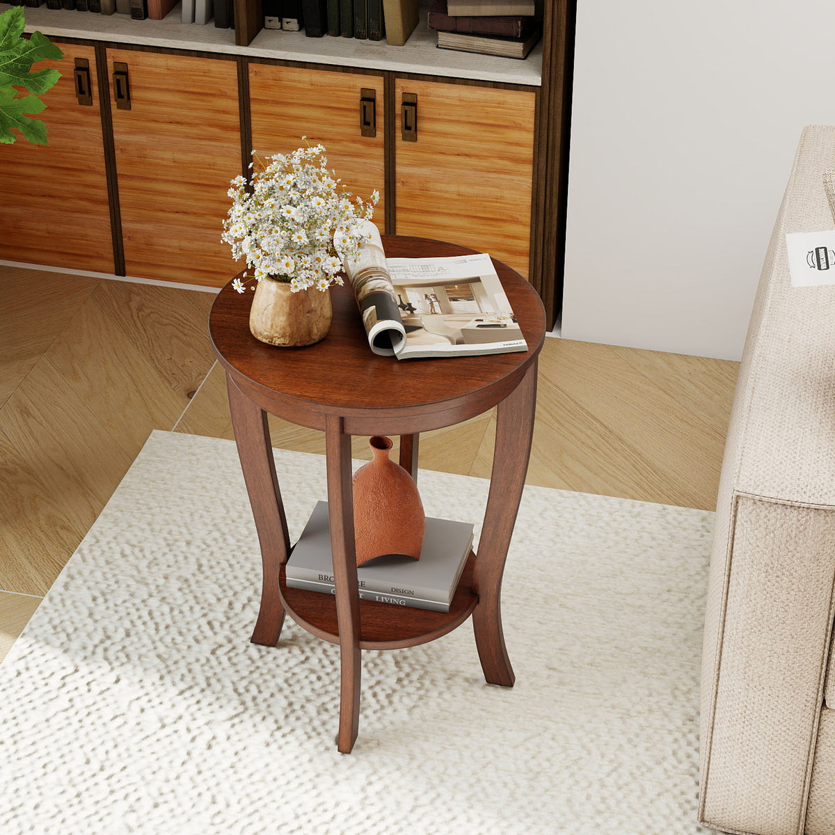 2-Tier Round End Table with Wood Legs – Walnut