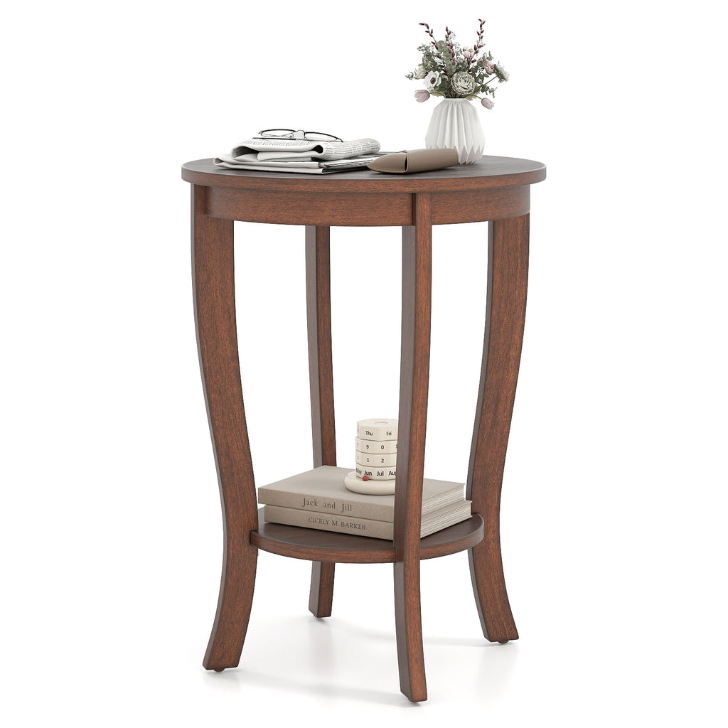 2-Tier Round End Table with Wood Legs – Walnut