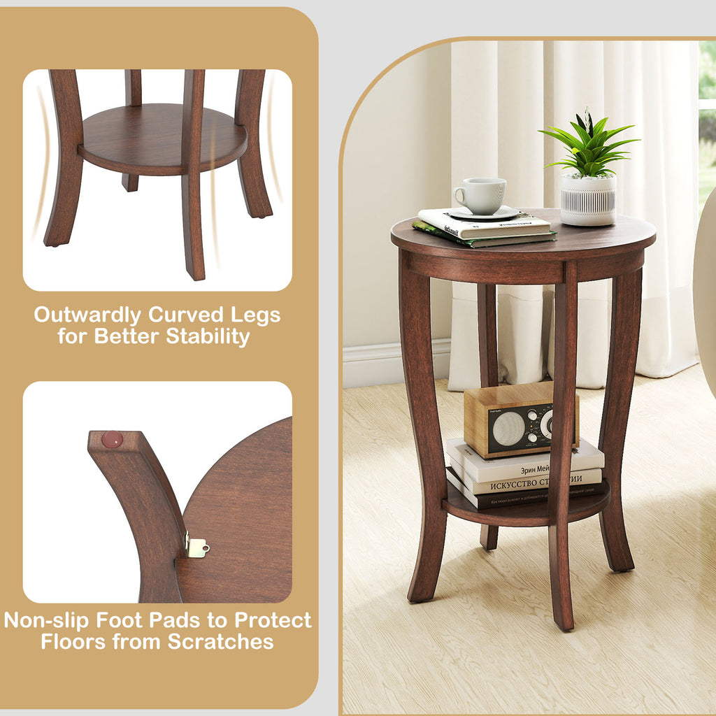 2-Tier Round End Table with Wood Legs – Walnut