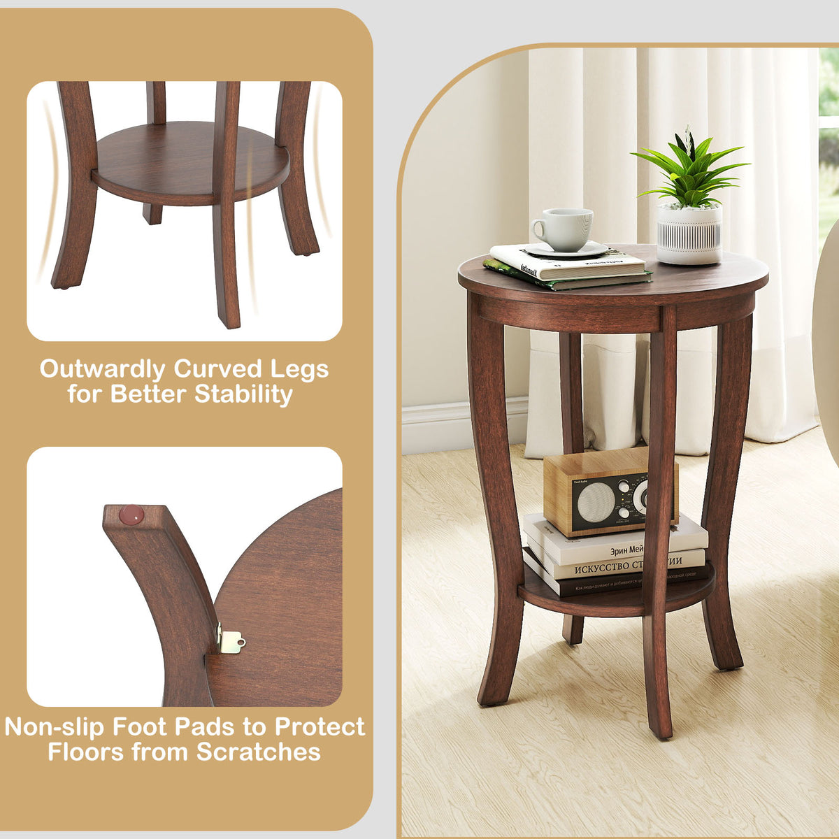 2-Tier Round End Table with Wood Legs – Walnut