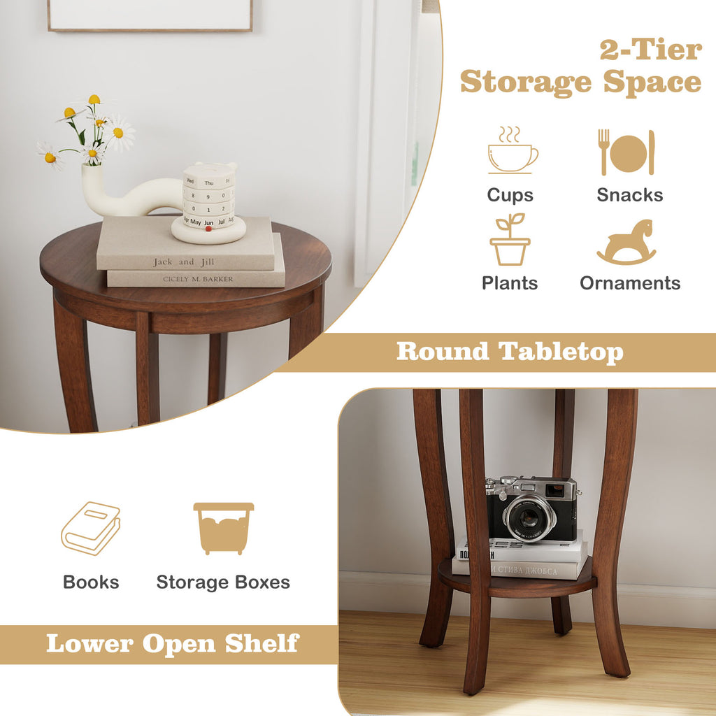 2-Tier Round End Table with Wood Legs – Walnut