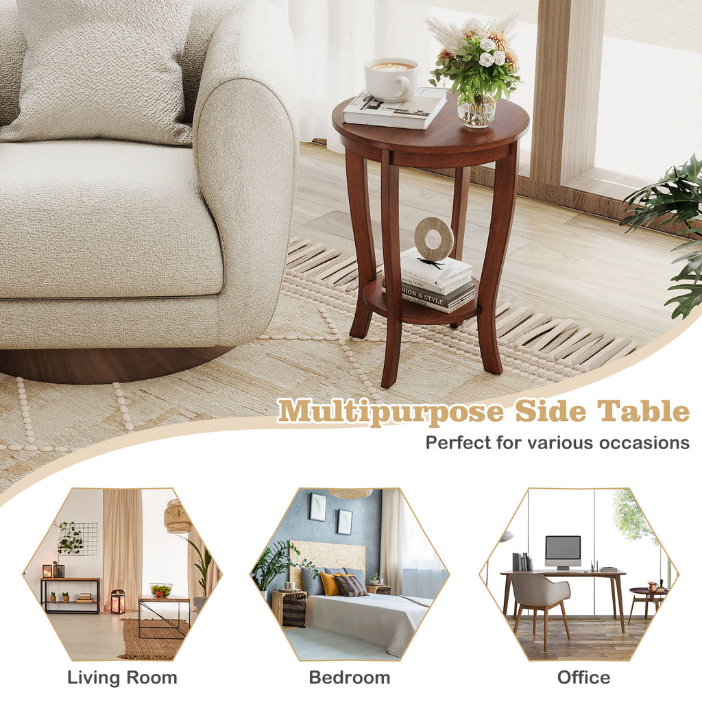 2-Tier Round End Table with Wood Legs – Walnut